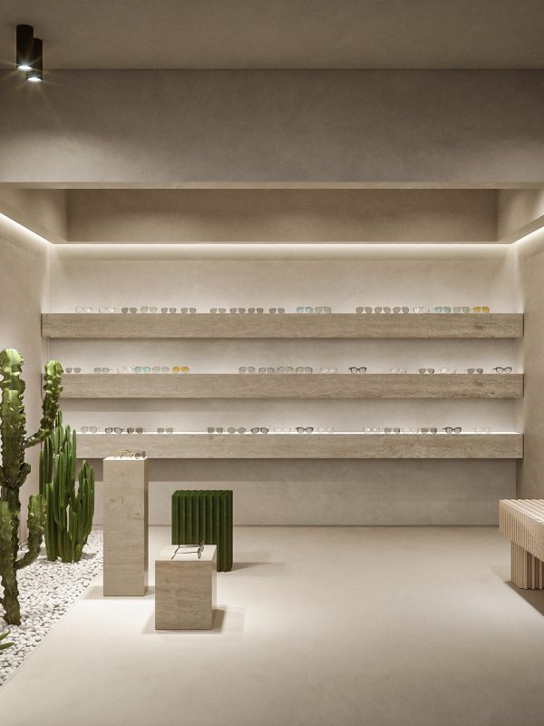 3D render van een interieur ontwerp voor een optiek. Dit concept bevat zeer minimalistische materialen als microtopping en planten in een neutrale kleur.